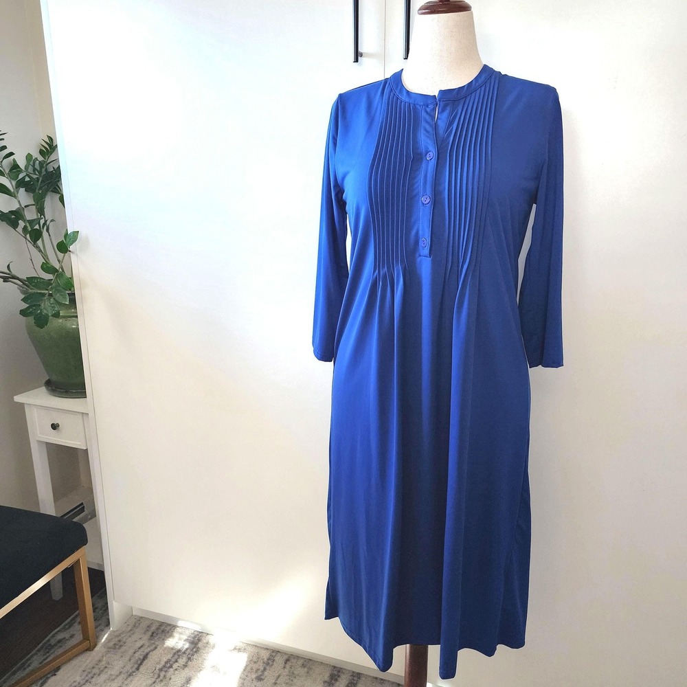 Serengeti Royal Blue Pleated‎ Calf Length Dress 3/4 Sleeve Womens Small Vintage